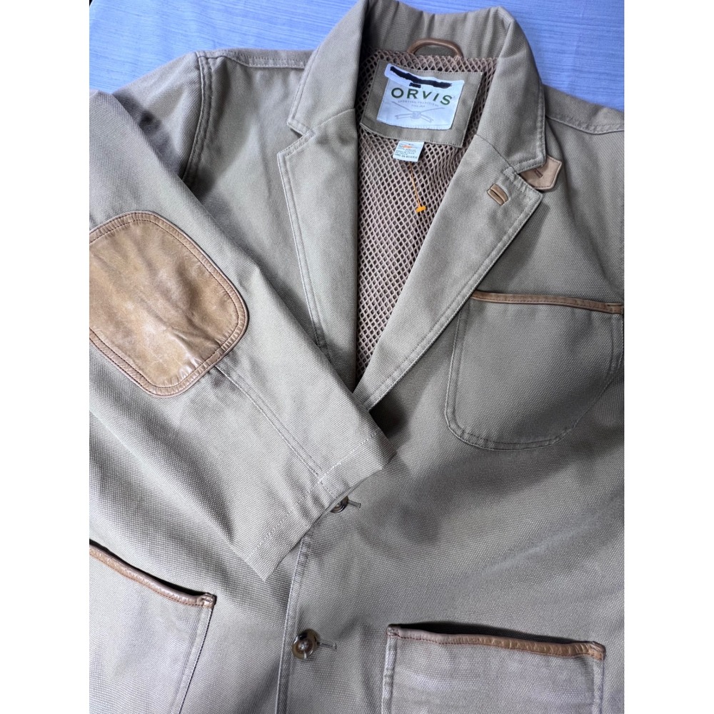 Orvis Sporting Traditions Khaki Canvas Field Jacket Leather Trim Mens 40